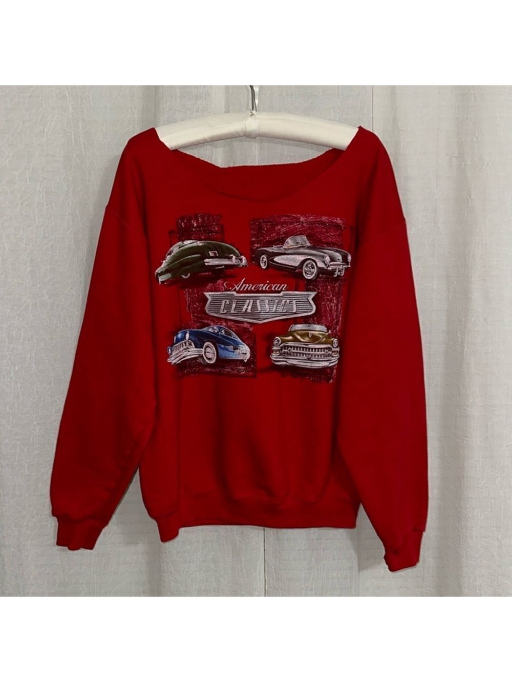 Upcycled L-XL Rare Red American Classic Vintage Cars Print Pullover Sweatshirt